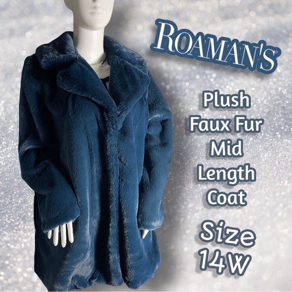 🔥 Roaman’s Women’s Royal Teal Blue Green Faux Fur Coat Size 14W - Picture 1 of 16